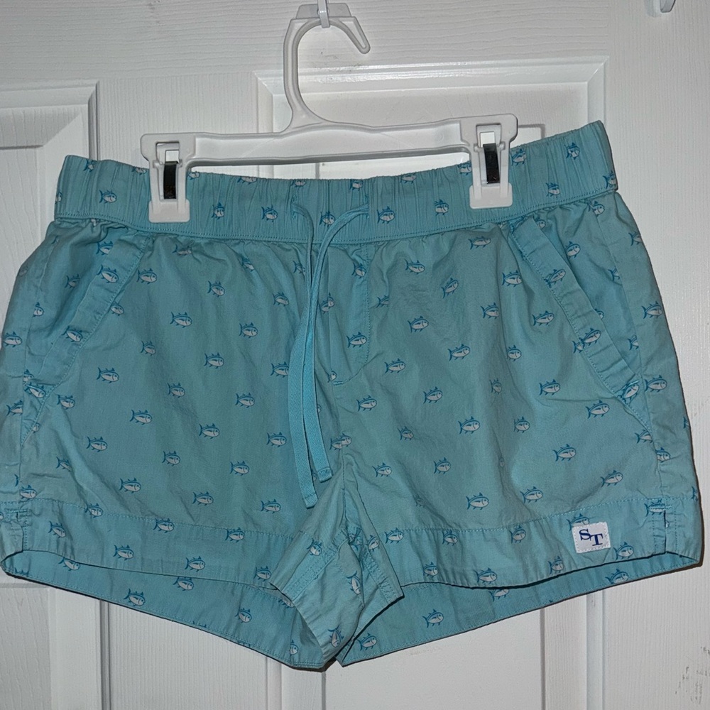Southern Tide Aqua Fish Pattern Women's Athletic Shorts - Picture 3 of 5